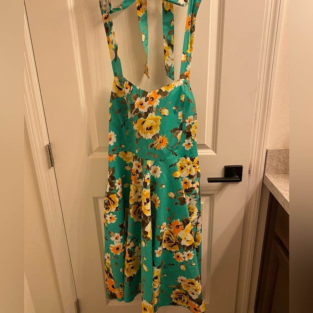 Rockabilly Sara USA Green/yellow floral halter pin up dress Sz XL